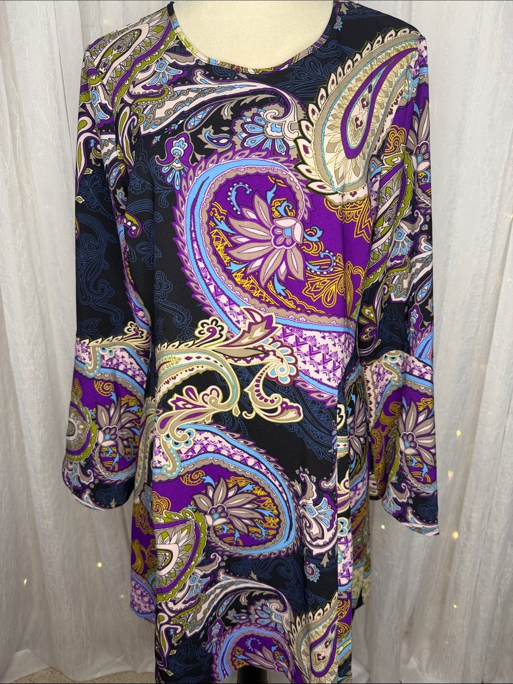 ECI Long Sleeve Paisley Swing Dress in Purple, Black, Cream and Blue